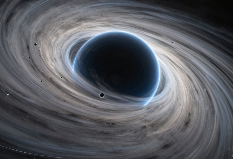 An artistic representation of a black hole with a glowing accretion disk in steel blue and light gray. Sophisticated 3D cinematic style.