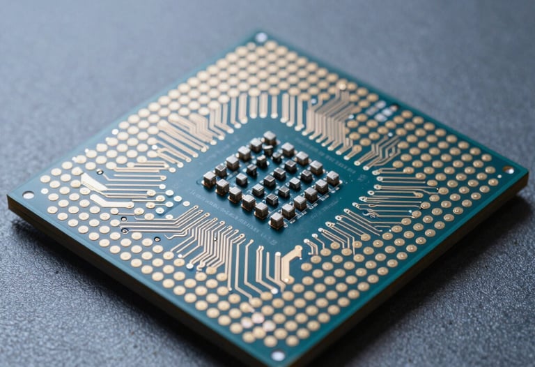 Macro shot of a high-tech processor with light gray circuits glowing under a steel blue light. Professional studio photography.