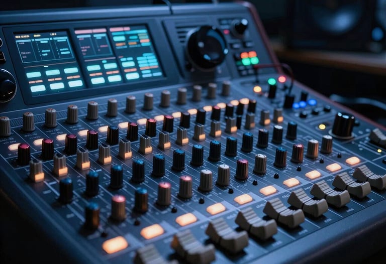 A dark, moody capture of a high-end sound mixing board with glowing LED indicators in a steel blue hue. Professional North American studio environment.