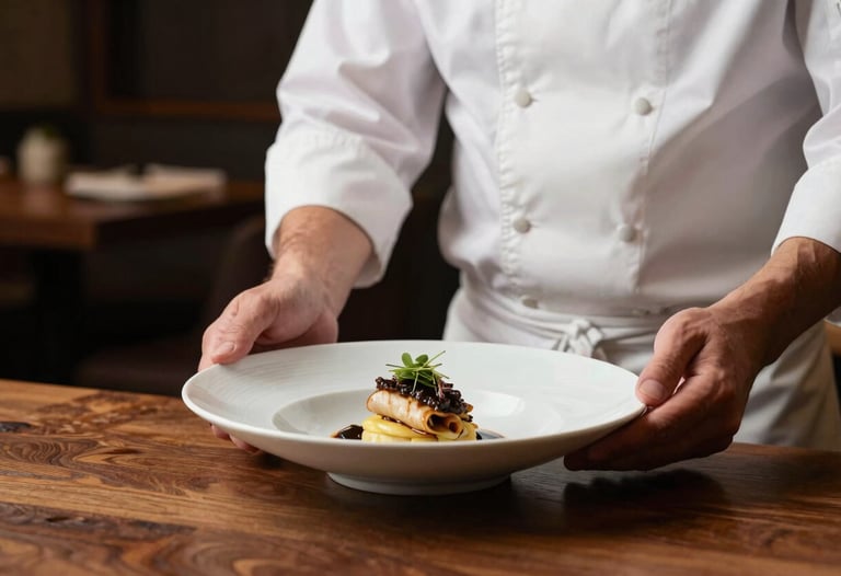 A North American chef in a clean white jacket presenting a finished dish in a sophisticated, low-lit restaurant setting with earthy brown wood tones.