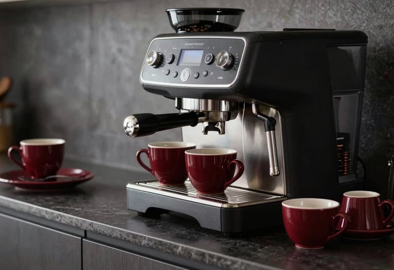 A sleek, dark North American kitchen counter with a high-end coffee setup and deep crimson ceramic cups, elegant and professional.