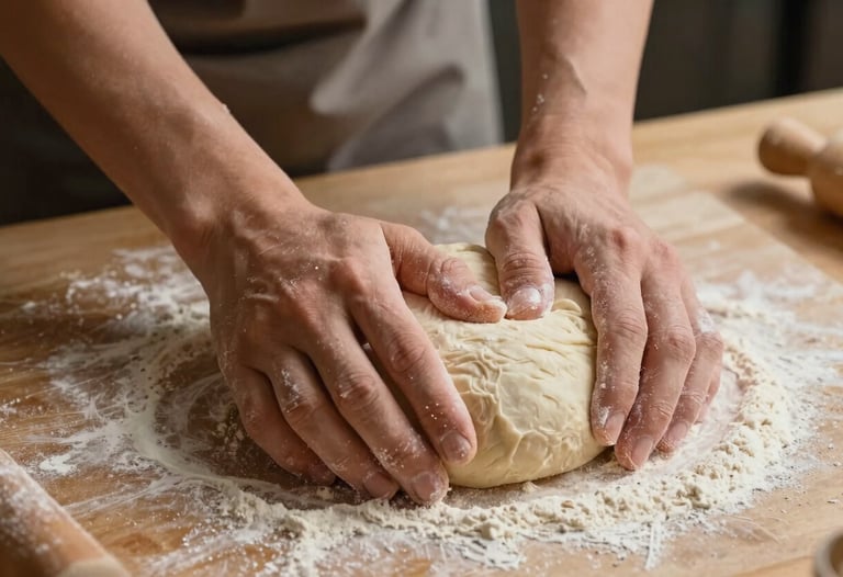 A close-up of hands kneading dough on a flour-dusted parchment surface, warm earthy brown lighting, captured for a bakery social media campaign.