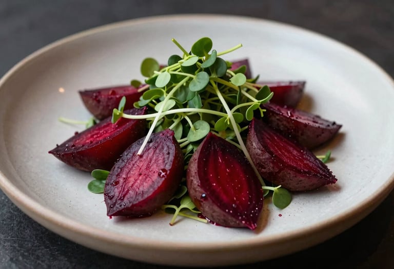 Macro photography of a perfectly plated seasonal salad in a North American restaurant, highlighting the rich crimson of heirloom beets and forest green microgreens on a matte parchment-colored ceramic plate.
