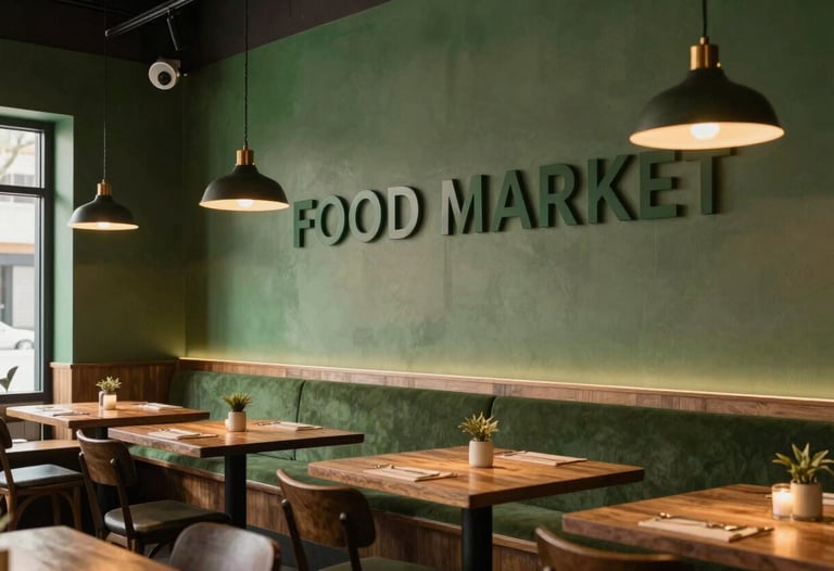 A lifestyle shot of a North American restaurant interior with forest green walls and warm parchment lighting, perfectly suited for an upscale food market brand.