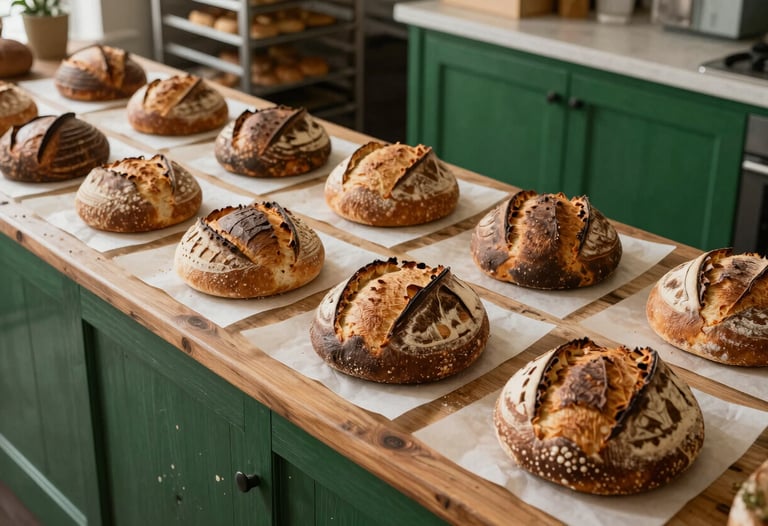 An overhead view of a rustic sourdough bakery counter in a North American city, with forest green accents and fresh loaves on parchment paper.