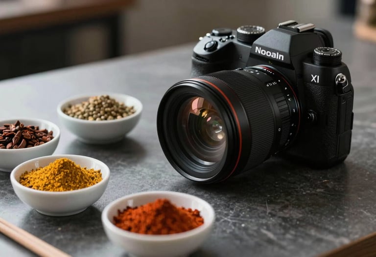 A modern North American workspace with a high-end camera and several open bowls of spices, reflecting the fusion of tech and artisanal cooking.
