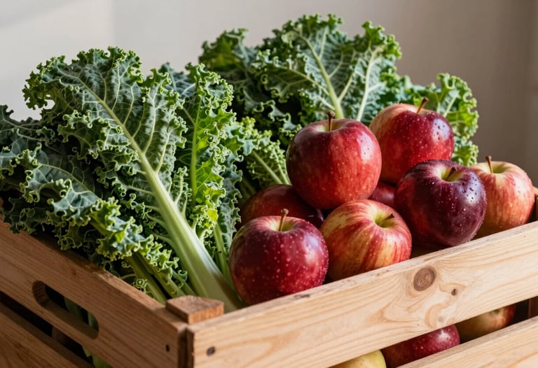 A wooden crate overflowing with fresh forest green kale and deep crimson apples, lit by warm North American afternoon sun.