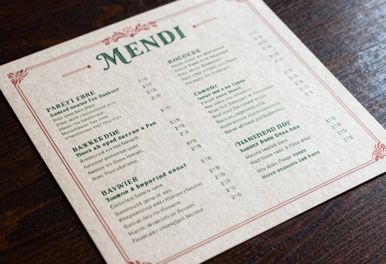 A top-down shot of a beautifully designed menu on parchment paper, featuring forest green typography and crimson accents, resting on a dark wood table.