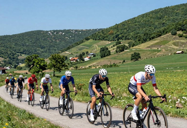 Action shot of professional road cyclists in a tight peloton, racing through a beautiful rural valley in Moldova. Clear blue skies, vibrant summer greenery, crisp daylight focusing on the dynamic movement of bicycles and athletic riders.