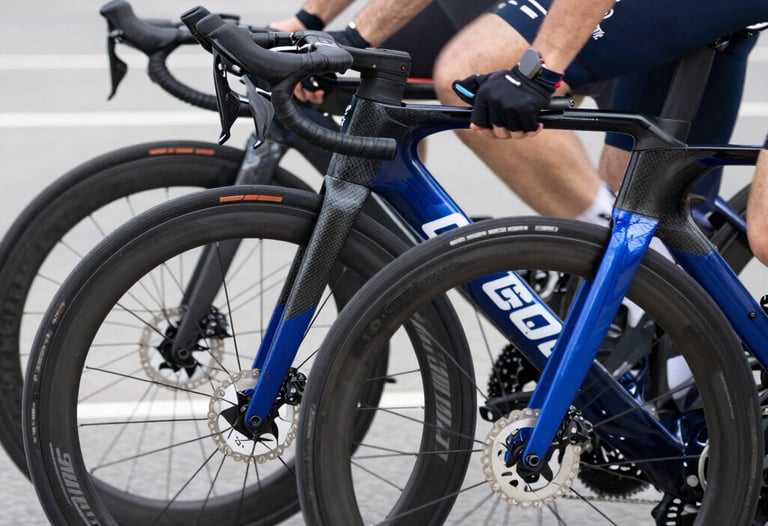 Close-up of high-end sports road bikes aligned at the starting line of a national tournament in Chisinau. Soft clean lighting, focus on precision carbon fiber frames, aerodynamic wheels, and deep patriotic blue accents.