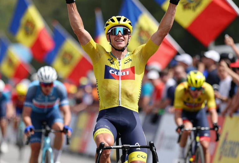 Action shot of a cyclist celebrating at the finish line, arms raised, with Moldovan flags waving gently in the background. Bright daylight, energetic atmosphere with spectators blurred in the background.