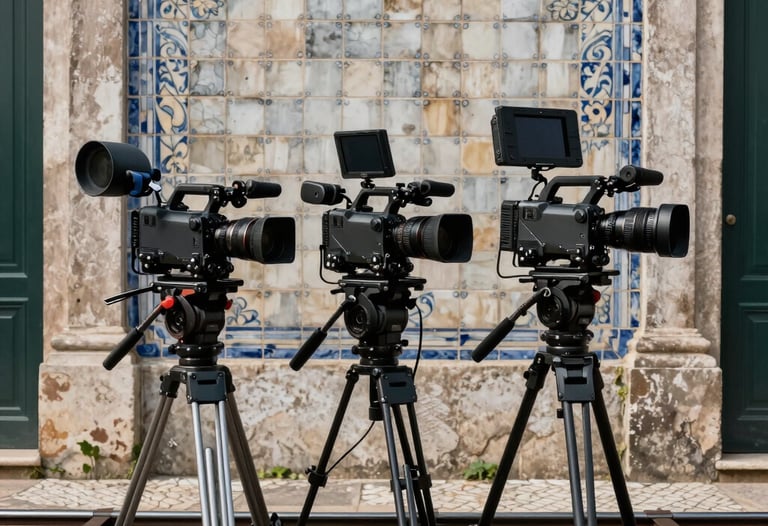 A professional video production setup in a historic Portuguese building. Modern cameras on rails in front of an ancient tiled wall. Contrast between old and new technology.