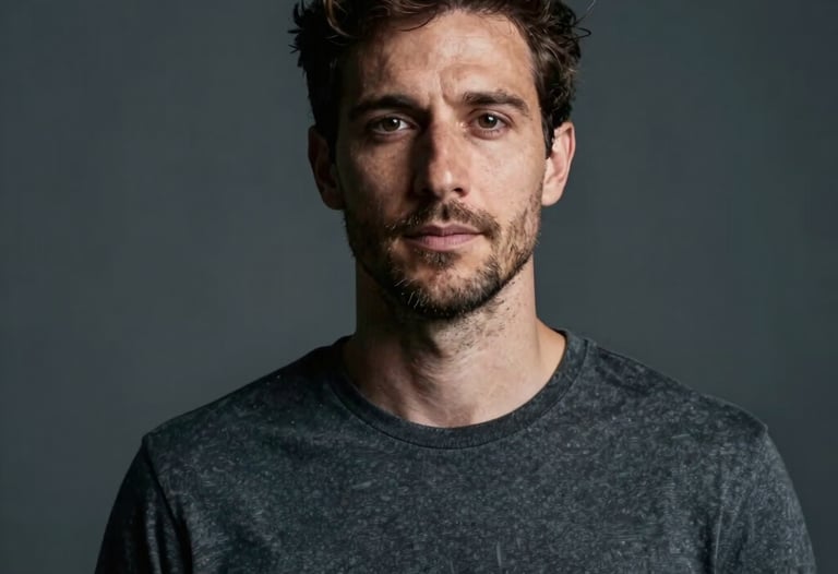 A minimalist studio portrait of a Southern European / Portuguese artist. Soft charcoal background, dramatic side lighting using cool tones. Professional photography.