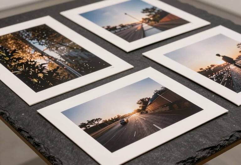 A collection of high-end photography prints laid out on a dark slate table. Modern, clean presentation in an art gallery setting.