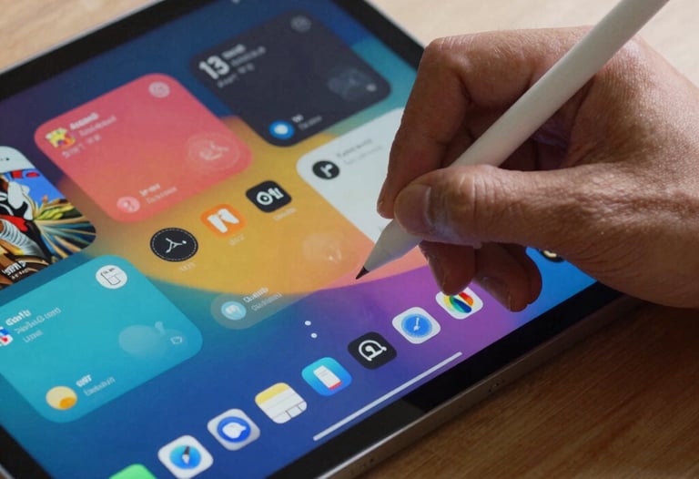 Action shot of a digital stylus being used on a high-end Android tablet. The screen shows a vibrant, layered interface mockup. North American / US design environment.