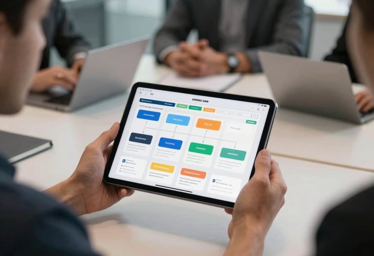 Professional shot of a design meeting in a North American / US office, focused on a tablet showing a mobile app's information architecture. Natural daylight.