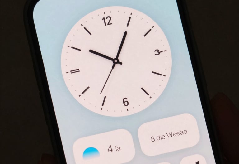 A beautiful close-up photograph of a mobile phone screen displaying a minimalist clock and weather widget on a custom Android home screen. Light blue and off-white color palette.