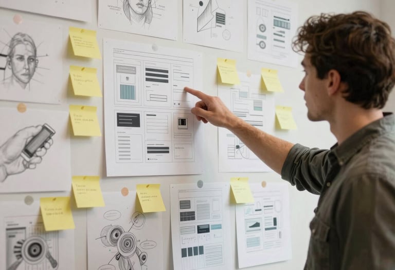 A detailed photograph of a creative studio wall covered in sketches and post-it notes, with a designer standing in front pointing at a specific UI layout.