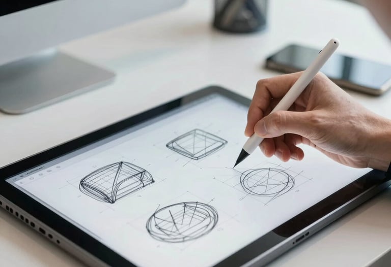 Photograph of a hand sketching wireframes on a digital tablet with a stylus. The room is a bright North American / US office with steel blue accents.