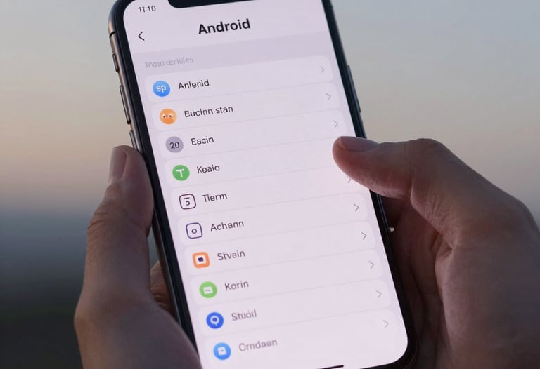Close-up shot of hands navigating an Android system menu on a large, high-end mobile device. North American / US user, soft evening studio lighting.