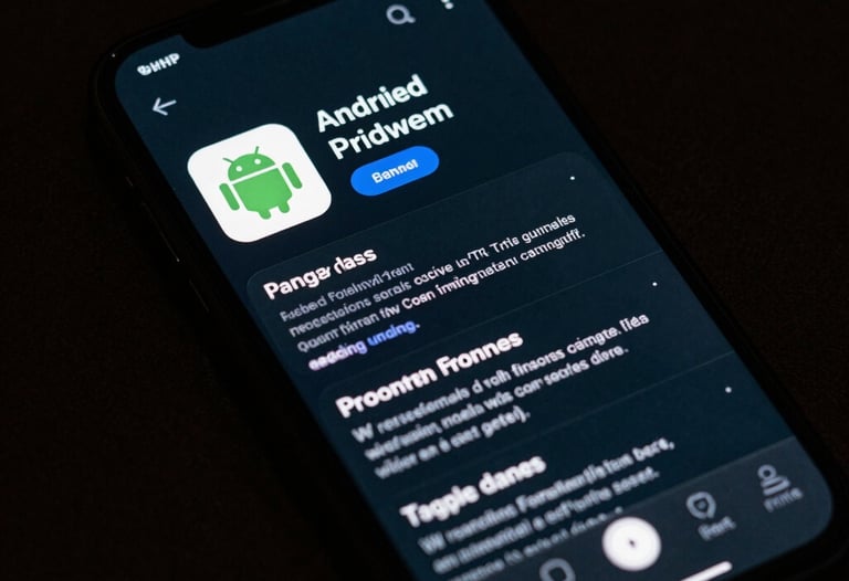 Sharp, focused shot of a smartphone screen showing a professional Android app with a dark mode interface. The lighting is moody with dark navy and teal reflections.