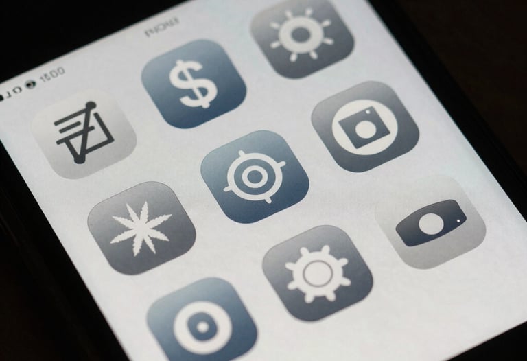 Macro photography of a high-resolution smartphone display showing intricate icons designed in a steel blue and off-white color scheme.