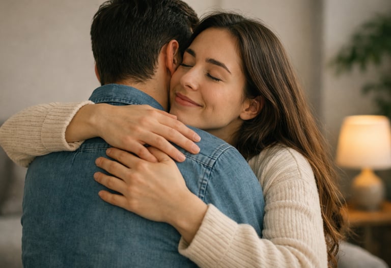 Una joven pareja feliz compartiendo un cálido abrazo con amor y afecto.