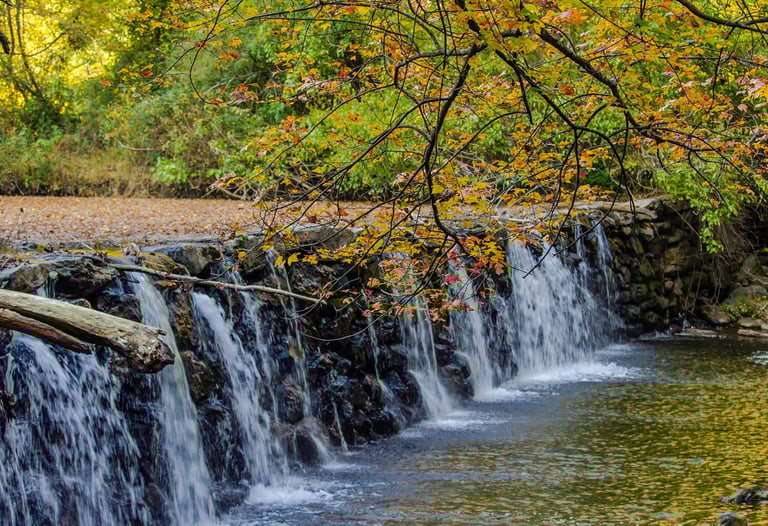broad, and short waterfall at the dam of Ridley Creek State park, in the fall.