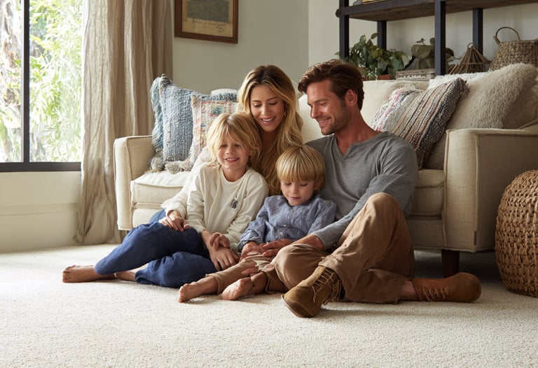 Satisfied Next Floors LLC customers enjoying new carpet installation in Katy home