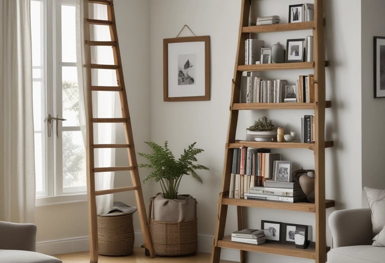 A person is engaged in a woodworking project, using tools to work on several pieces of wood stacked on a table in a workshop. The surroundings include various containers and boxes, with artwork partially visible on the wall. Soft natural light casts shadows, creating a calm and focused atmosphere.
