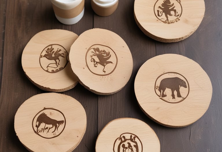 A woodworking shop with stacks of cut wooden boards organized on a surface. In the foreground, a uniquely shaped carved wooden piece stands upright. Behind, multiple planks of varying sizes are stored horizontally on racks.
