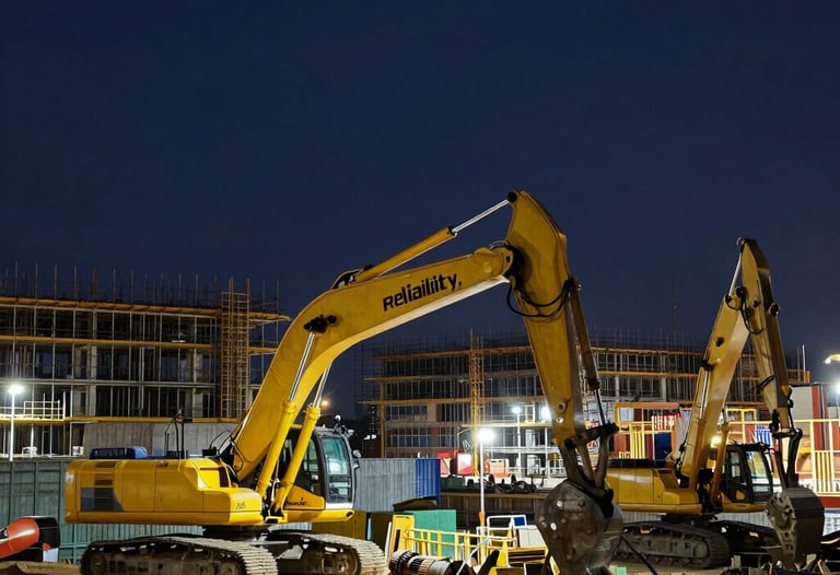 A dramatic nighttime photograph of a lit-up construction site. The warm yellow lights of the machinery contrast with the cool navy shadows, showcasing round-the-clock reliability.