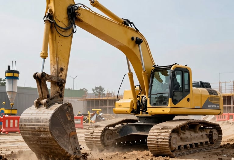 An action shot of a heavy excavator moving earth on a vast construction site. Dust catchers and safety barriers are visible, highlighting the firm's commitment to professional standards.
