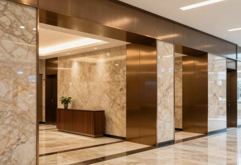A clean, bright photograph of a commercial office lobby featuring sand-colored marble and bronze metallic accents. The lighting is warm and inviting, emphasizing the quality of finishings.