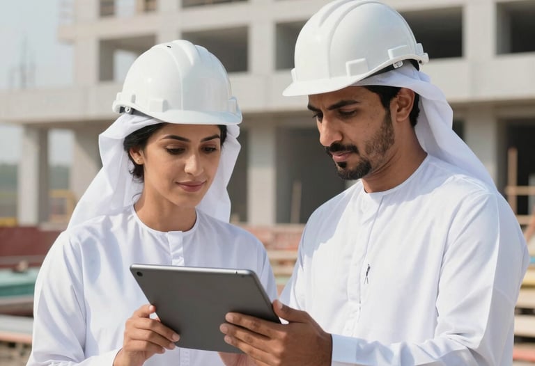 A lifestyle shot of two professionals in traditional Gulf attire and hard hats reviewing a digital tablet together on a construction site. The background shows a clean, modern building under construction.