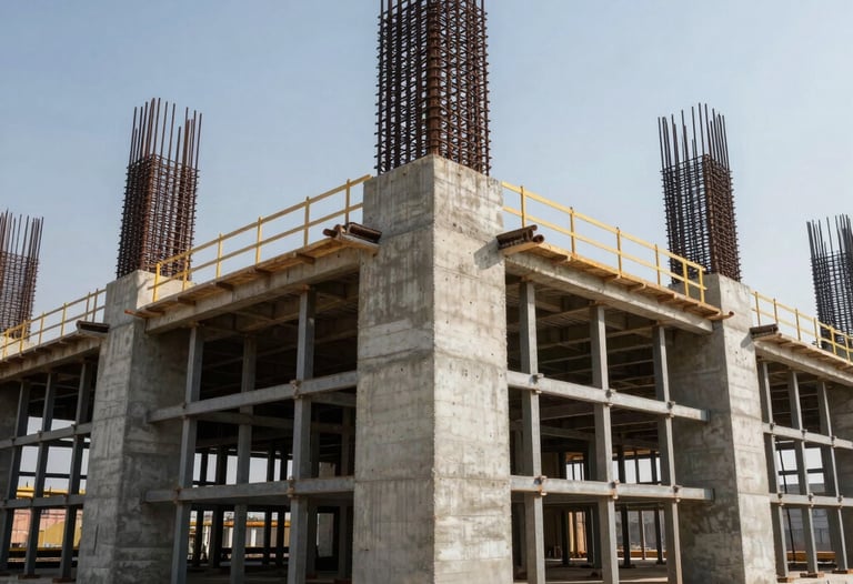 A detailed shot of reinforced concrete and steel foundations at a large-scale industrial site. The low-angle photography emphasizes the strength and reliability of the construction work in a Gulf environment.