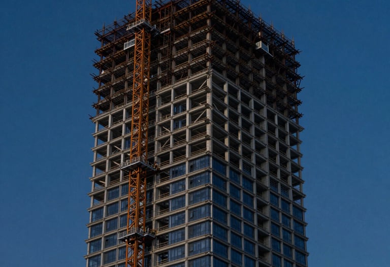 A high-contrast photograph of a modern skyscraper under construction against a deep navy blue twilight sky. The steel framework is precisely captured, highlighting the company's technical expertise.
