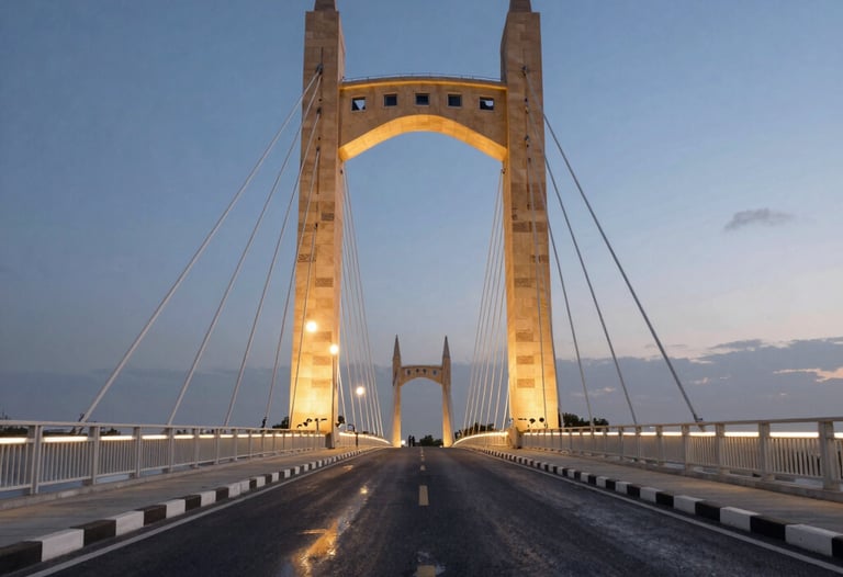A dynamic evening shot of a bridge project, with integrated sand-colored stone and modern LED lighting reflecting off the asphalt. The composition is clean and symmetrical, emphasizing reliability.