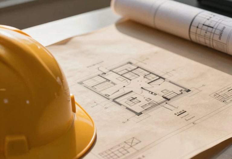 A close-up photograph of architectural plans and blueprints on a table, with a hard hat in the foreground. Natural lighting from a window illuminates the sand-colored paper, conveying precision and expertise in a Middle Eastern / Gulf professional setting.