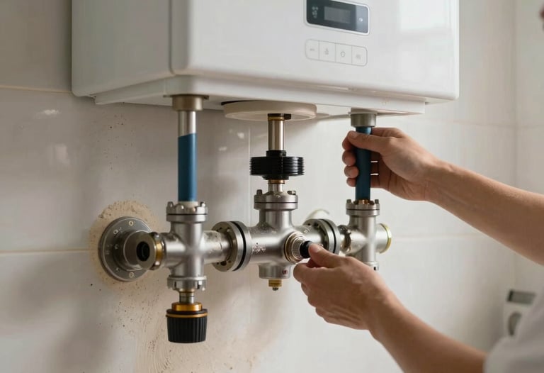 Detailed shot of a professional boiler mounting process on a pristine soft sand kitchen wall in Tekirdağ / Thrace, Turkey. Gentle natural lighting accentuating the dustless, clean installation.