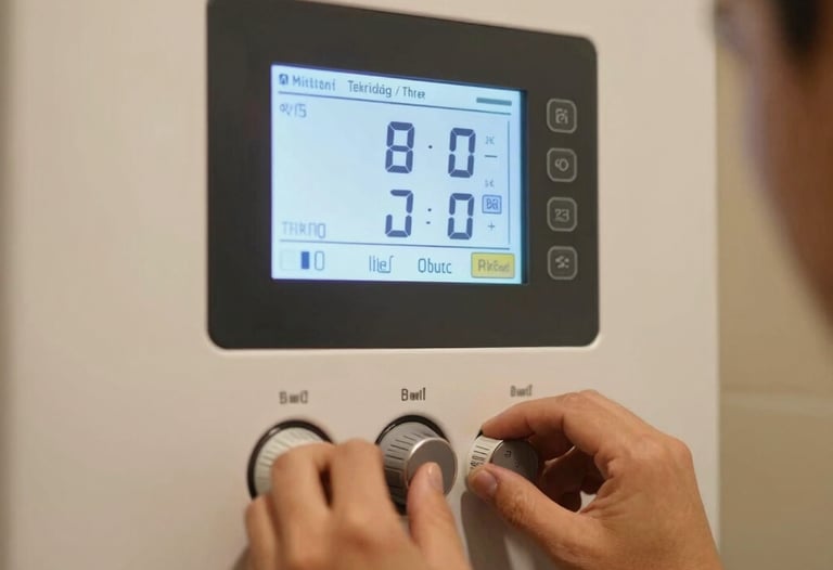 A close-up shot of a modern boiler control screen displaying perfect temperature settings. A professional technician's hand is softly adjusting the dials in a household setting in Tekirdağ / Thrace, Turkey. Warm color temperature.