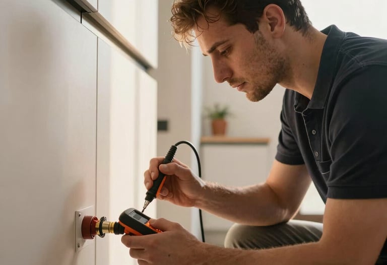 Technician checking gas pipe connections with an electronic detector, ensuring safety and precision in a modern Turkish home in Tekirdağ / Thrace, Turkey. Reassuring golden daylight.