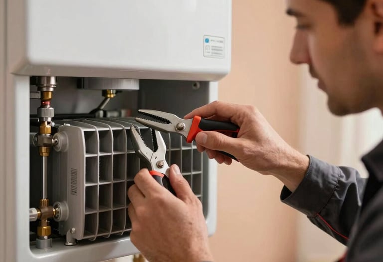 Close-up photography of a friendly heating service technician meticulously inspecting the heat exchanger of a modern domestic gas boiler in Tekirdağ / Thrace, Turkey. The background shows soft sand and warm terracotta tones with cinematic, focused lighting on professional hand tools.