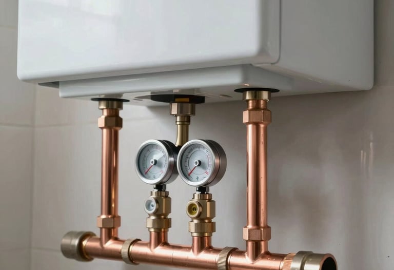 Close-up photography of copper pipes and values cleanly installed beneath a domestic combi boiler in a house in Tekirdağ / Thrace, Turkey. The installation is immaculate and reflects high-quality technical craftsmanship.