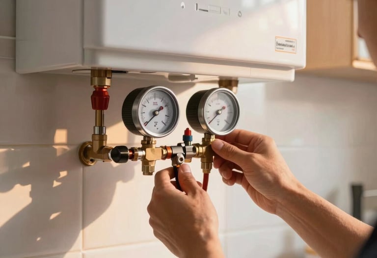 Clean, high-quality photography of a technician's hands gently checking the pressure levels of a wall-mounted boiler in a bright kitchen in Tekirdağ / Thrace, Turkey. Sunlight illuminates the dust-free, professional workspace with warm orange glow.