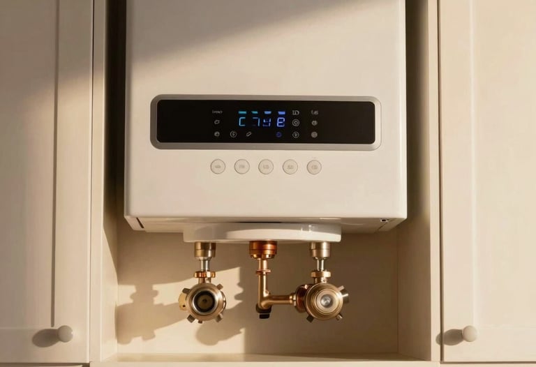 A close-up of a high-efficiency modern boiler beautifully integrated into kitchen cabinets, looking sleek and minimal. The image is shot in cozy warm sunlight in Tekirdağ / Thrace, Turkey.