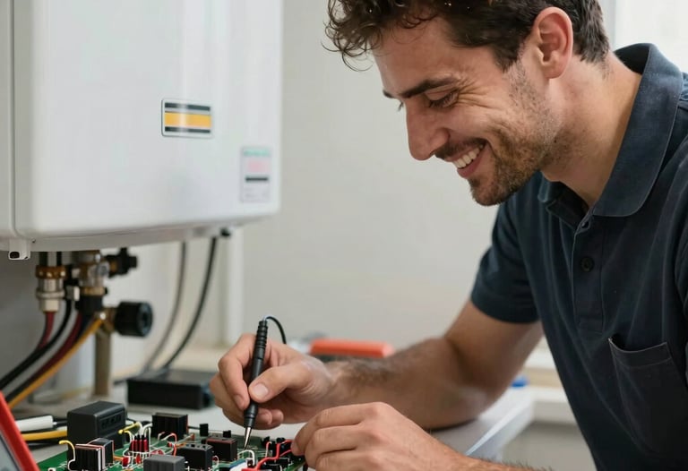 A smiling technician troubleshooting a boiler's electronic circuit board using a modern multimeter tool in Tekirdağ / Thrace, Turkey. Natural soft light, professional toolkit visible nearby, warm friendly tone.