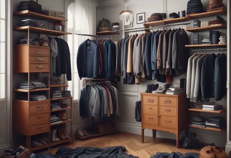 A well-lit clothing store interior featuring neatly arranged racks of clothing. There are various sections with diverse apparel including shirts, jackets, and pants in multiple colors. The center displays handbags and a table with folded clothes. The store has a modern design with wooden flooring and spotlights on the ceiling.