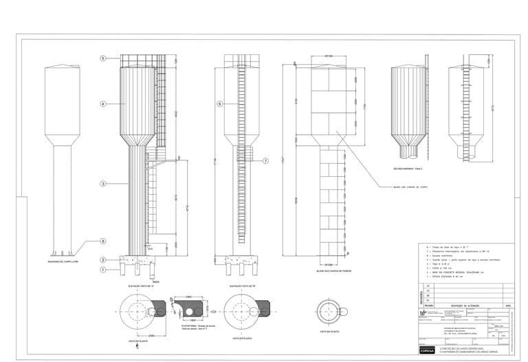 Reservatório elevado cilíndrico com escada marinheiro: vistas, plantas e detalhes de base estrutural