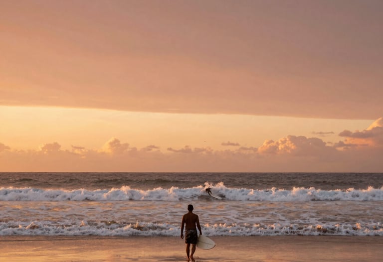 Wide shot of a Brazilian beach at dawn with a single surfer walking towards the water. The sky is a gradient of terracotta and sand colors. Cinematic photography.